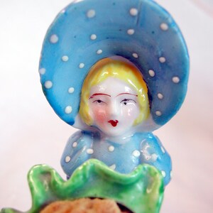 Pin Cushion Girl With Cabbage Holder, Dotted Bonnet, Dress