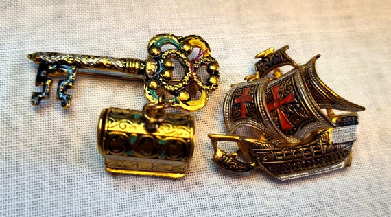 Two Damascene Pins Galleon Ship and Treasure Chest
