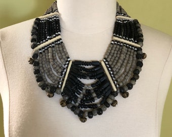 Ethnic Statement Collar Beaded Necklace Gray Black 20” Long With 4” Drop Boho Festival