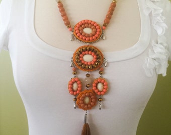 Handmade Chunky Statement Pendent Tassel Necklace.  Unique Coral & Orange Colors