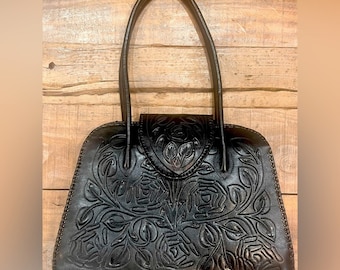 Alexis David Tooled Black Leather Handmade in Mexico Shoulder Bag EUC