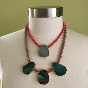 Double Strand Green Aggate Stone & Coral Faceted Glass Bead Bib Necklace, Statement, Boho, Chunky, Unique, Colorful