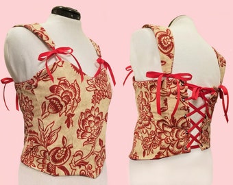 Red Floral Print Corset Top Renaissance Fantasy LARP Costume with Poly Boning