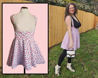 Cherry Overall Mini Skirt Dress Adjustable Straps Preppy Cottage Core