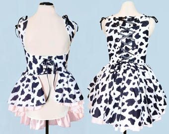 Cow Print Under bust Overdress Victorian Renaissance Medieval Women's Waistcoat High Low Vest Dress High Low Corset Adjustable LARP Costume