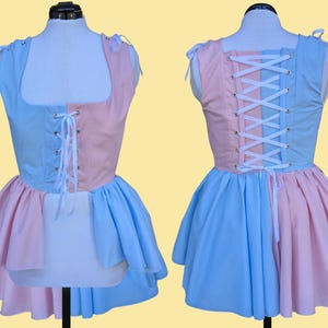Pink and Blue Over Bust Jester Clown Victorian Renaissance Medieval Women's Waistcoat Vest Dress High Low Corset Adjustable LARP Costume