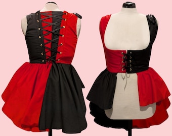 Red and Black Jester Under Bust Clown Victorian Renaissance Medieval Women's Waistcoat Vest Dress High Low Corset Adjustable LARP Costume