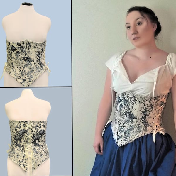 Underbust Corset Distressed Blue Cream Victorian Pointed Renaissance Peasant LARP Adventure