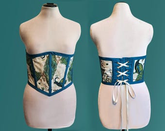 Limited Edition Under Bust Peacock Corset with Teal Border Costume Ren Faire LARP Bridesmaid Fantasy Bodice