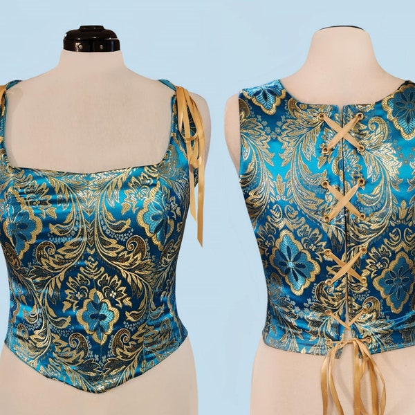 Princess Cut Corset Blue Brocade Gold Print Over Bust Renaissance Fantasy LARP Costume with Poly Boning