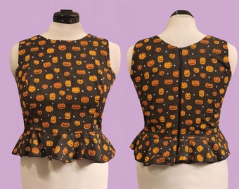 Pumpkin Halloween Crop Top Peplum Blouse Shirt Autumn Harvest Fall