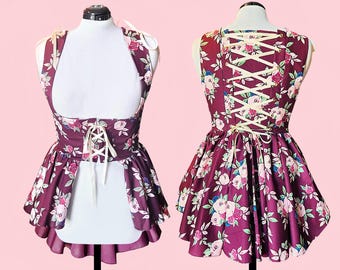 Under bust Overdress Victorian Renaissance Rose Maroon Medieval Women's Waistcoat High Low Vest Dress Corset Adjustable LARP Costume