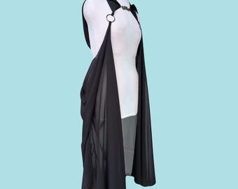 Black Chiffon Fantasy Costume Hooded Cape Gothic Heart Clasp