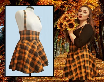 Halloween Harvest Autumn Orange Checkered Overall Skirt Adjustable Straps