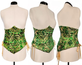 Underbust Corset Brocade Green and Gold Royal High Elf Pointed Renaissance Peasant LARP Adventure
