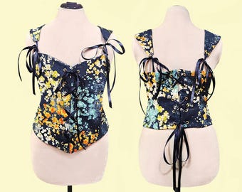 Corset Top Blue Colorful Floral Print Over Bust Renaissance Fantasy LARP Costume with Poly Boning