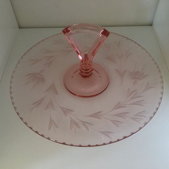 Items similar to Center Handle Server in Pink Glass with Etched Pattern