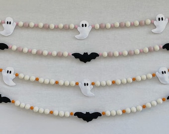 Felt Halloween Garland: Handmade Wool Ball Ghost & Bat Decor