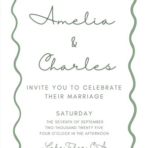 May include: Wedding invitation with a white background and a sage green wavy border. The text reads "Together with Love and Joy," followed by the names "Amelia & Charles." Details include the date, time, and location: Lake Tahoe, CA. "Black Tie Optional" is also noted.