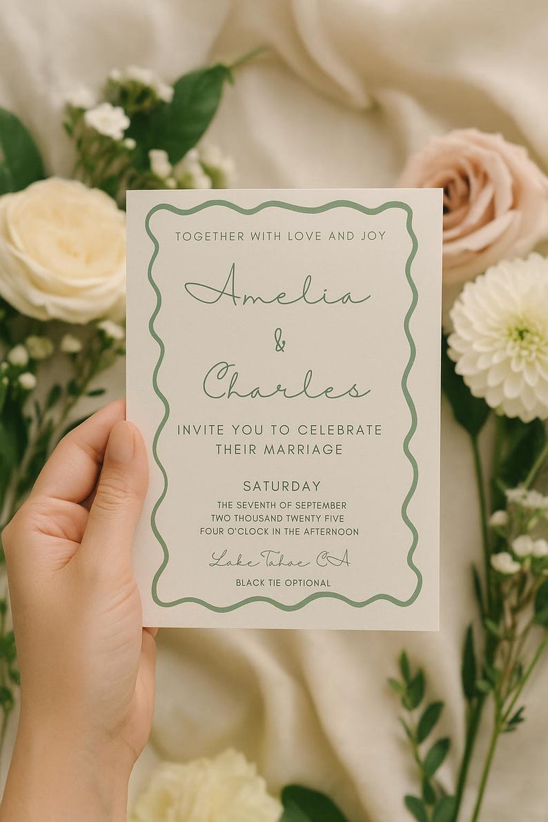 May include: Wedding invitation with a sage green border and text. The invitation reads "Amelia & Charles" and invites guests to celebrate their marriage on Saturday, September 7, 2025, at four o'clock in the afternoon in Lake Tahoe, CA. Black tie optional.