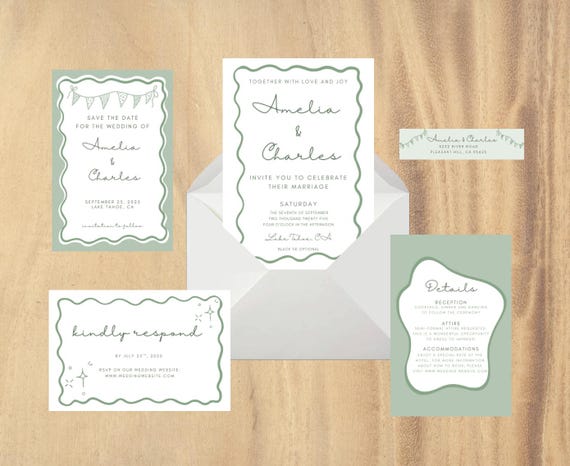 Whimsical Hand Drawn Complete Wedding Invite Suite - Downloadable Digital Template | Editable Text and Colors, Hand Drawn Vibe, Stationary
