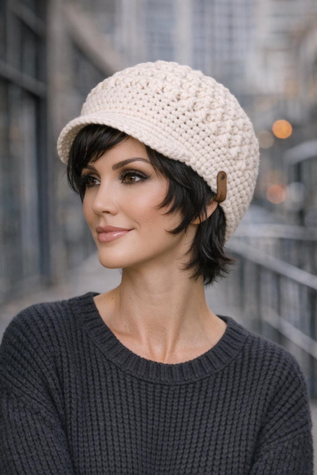 White Slouchy Hat with a Brim blue band crochet handmade OSFM ready to ship White Slouchy Hat with a Brim blue band crochet handmade  main image 4