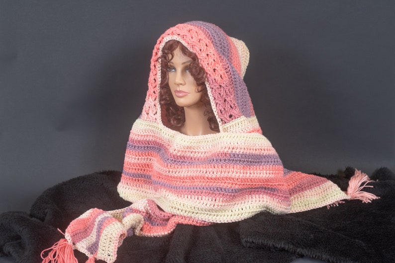 Crocheted Oversized Hooded Scarf 10 Colors Available Pink/Purple