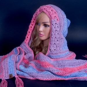 Crocheted Oversized Hooded Scarf 10 Colors Available Pink/Blue