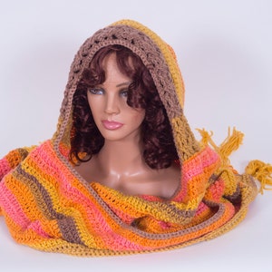 Crocheted Oversized Hooded Scarf 10 Colors Available Yellow/Brown