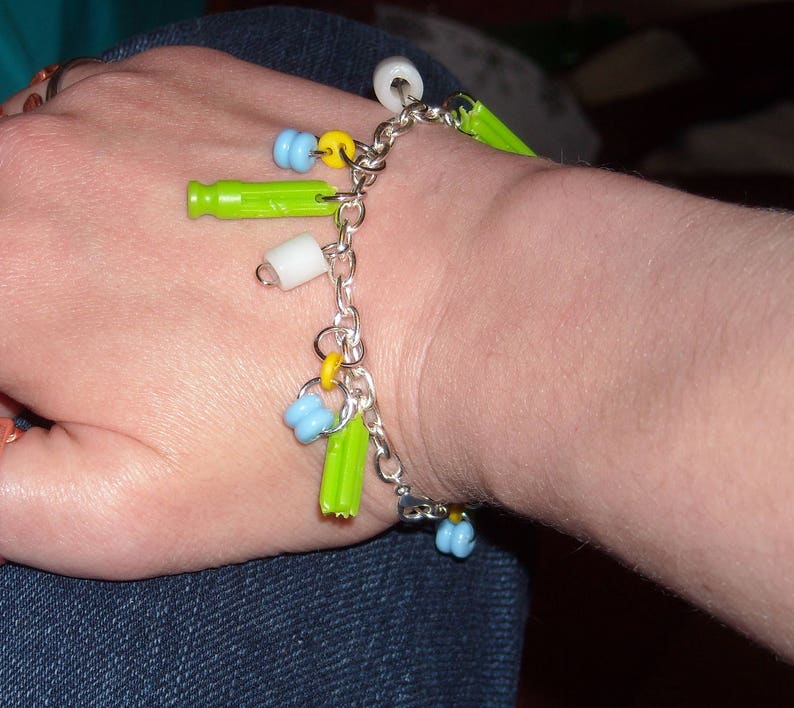 Yellow bead Broken Kinex Charm Bracelet button Silver White Green Blue gift for her broken beauty silver charm bracelet