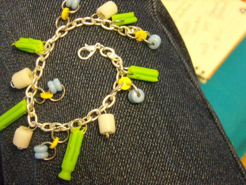 Yellow bead Broken Kinex Charm Bracelet button Silver White Green Blue gift for her broken beauty silver charm bracelet