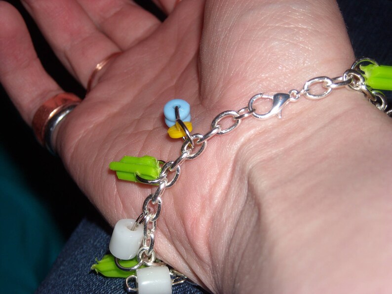 Yellow bead Broken Kinex Charm Bracelet button Silver White Green Blue gift for her broken beauty silver charm bracelet