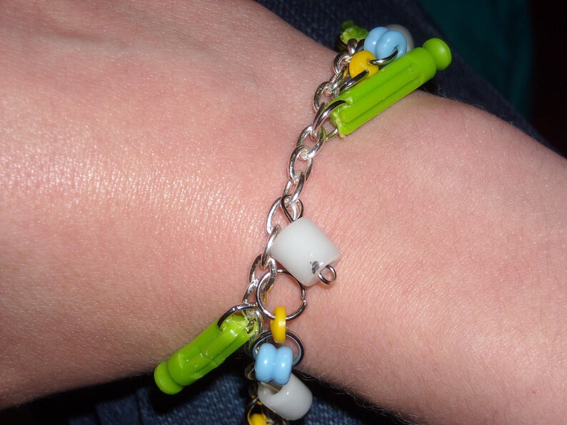 Yellow bead Broken Kinex Charm Bracelet button Silver White Green Blue gift for her broken beauty silver charm bracelet