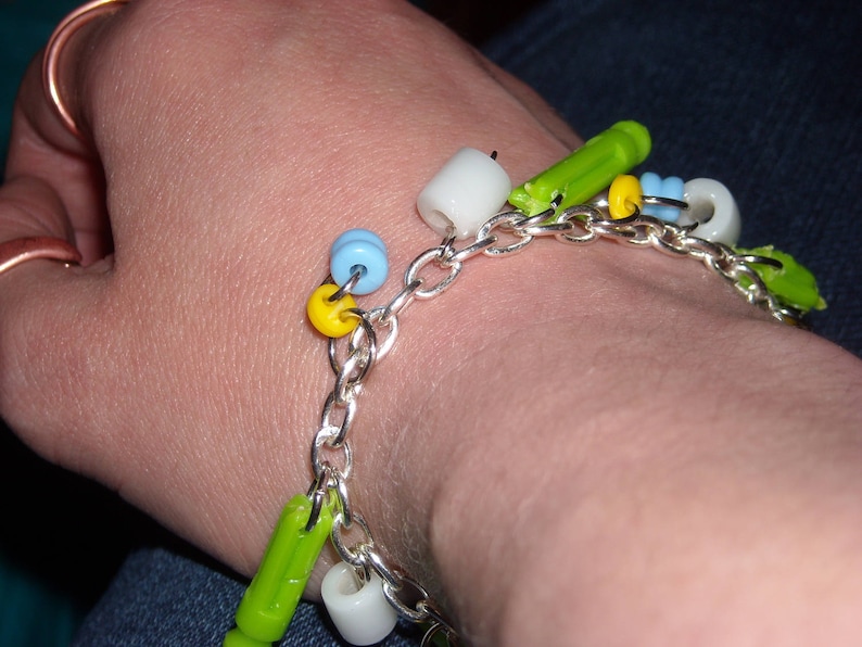 Yellow bead Broken Kinex Charm Bracelet button Silver White Green Blue gift for her broken beauty silver charm bracelet