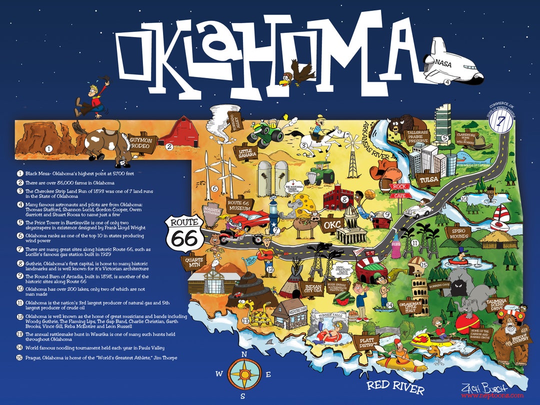 Illustrated Map of Oklahoma | Cartoon Style Map of Interesting Places