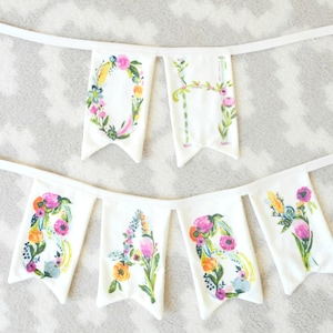 Name Banner, Floral Name Banner, Custom Bunting, Personalized Christmas Gift, Baby Shower, Happy Birthday, Nursery, Wedding Gift, Cake Smash image 1