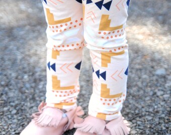 Peach Aztec Leggings, Baby Outfit, Cotton, Knit, Newborn, Infant, Toddler, Girls, White, Tribal, Mustard, Gold, Boho, Summer Pants, Headband