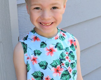 Hawaiian Baby Shirt, Hawaiian Boy Clothes, Hawaiian Tank, Boy Muscle Tank, Baby Beach Outfit, Toddler Tank, Hawaiian Floral, Hawaiian Shirt