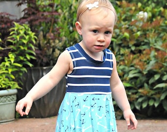 Nautical Dress, Mint Dress, Knit, Baby Dress, Newborn, Infant, Toddler, Girl, Spring, Twirl, Anchor, Sailing, Boating, Stripes, Blue, Summer