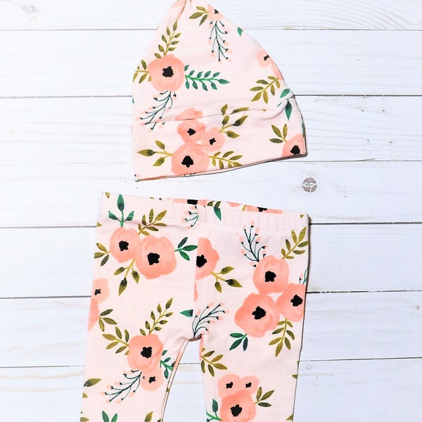 Newborn Leggings, Floral Leggings, Baby Outfit, Peach Floral Outfit, Coming Home Outfit, Toddler Leggings, Baby Gift, Baby Shower, Boho Baby