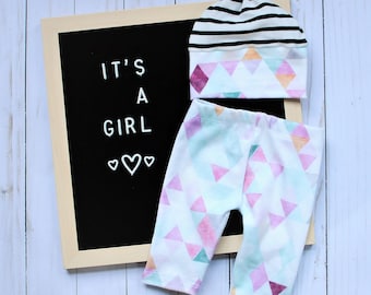 Newborn Leggings, Organic Baby Outfit, Pastel Baby Outfit, Geo Baby Girl, Newborn Photo Outfit, Coming Home Baby Set, Baby Girl Announcement