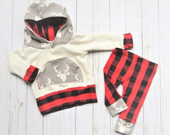 Baby Outfit, Deer Baby Outfit, Hipster Baby Outfit, Woodland Baby Outfit, Baby Hoodie, Baby Leggings, Plaid Baby Outfit, Baby Gift, Toddler