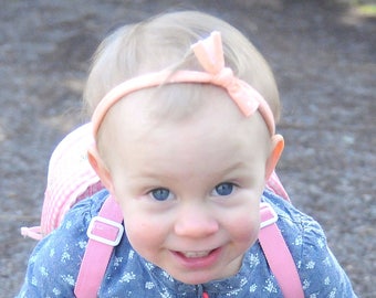 Melon Polka Dot Skinny Knot Girl's Headband, Soft and Stretchy, Newborn, Infant, Baby, Toddler, Knit fabric, White, Peach