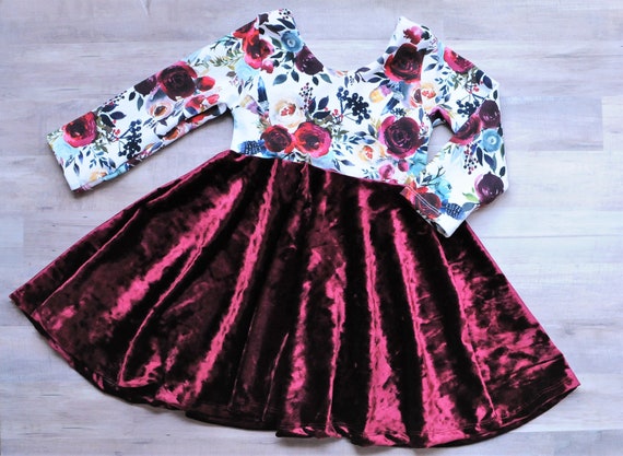 Floral Dress, Baby Dress, Velvet Christmas Dress, Vintage Dress