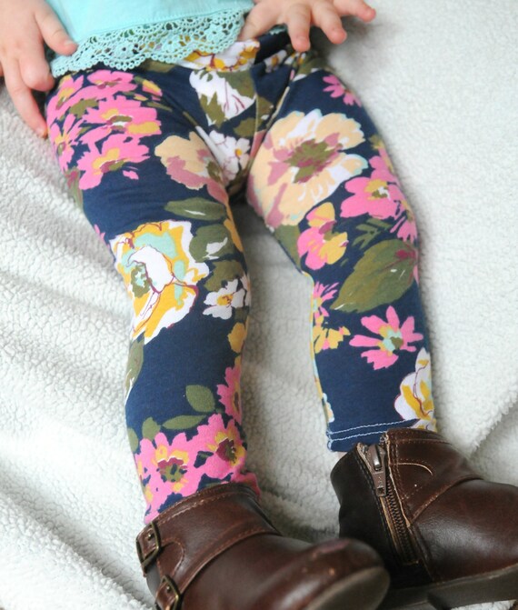 Floral Leggings Navy Blue Cotton Knit Newborn Baby Etsy