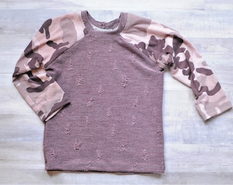 Distressed Pullover, Camo Pullover, Girls Distressed, Camo Distressed, Pink Camo Sweater, Purple Distressed Sweater, Baby Girl Camo, Raglan