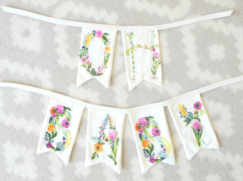 Name Banner, Floral Name Banner, Custom Bunting, Personalized Christmas Gift, Baby Shower, Happy Birthday, Nursery, Wedding Gift, Cake Smash image 1