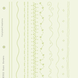 May include: A stencil sheet with eight different border designs. The designs include wavy lines, zigzags, hearts, and dots. The stencil is 8.5 inches by 11 inches and is made in the USA.