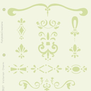 Könnte beinhalten: Eine Schablonenfolie mit dem Titel "Victorian Charm" und der Nummer "3027". Die Schablonenfolie enthält 10 verschiedene Designs im viktorianischen Stil, darunter Schnörkel, Verzierungen und dekorative Elemente. Die Schablonenfolie ist 21,5 cm x 28 cm groß.