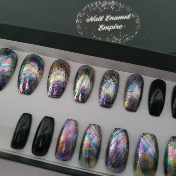 Oil Spill Nails | Oil Slick Nails | Nails | Press on Nails | False Nails | Fake Nails | Gel Nails | Black Nails | Rainbow